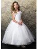 Pearl Neck White Satin Glitter Tulle Flower Girl Dress